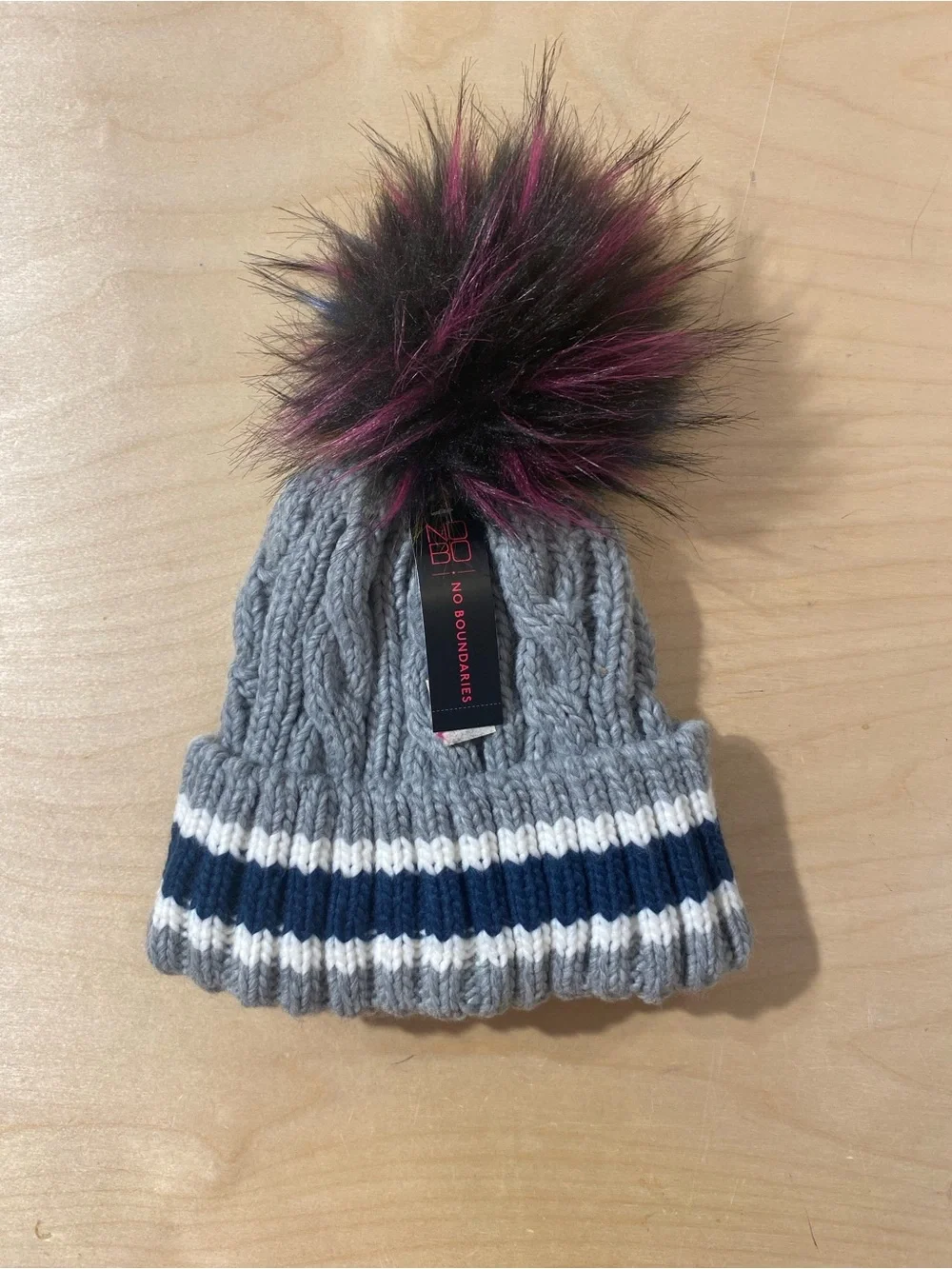 No Boundaries Gray Knit Beanie with Pink and Black Faux Fur Pom (SE)